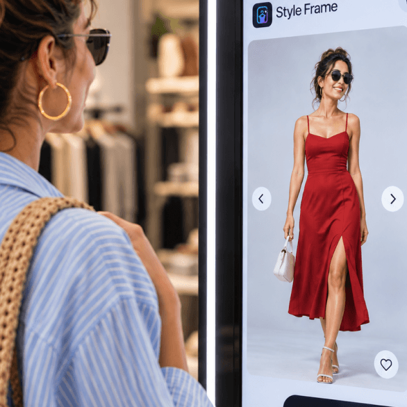 A shopper viewing herself in a red dress on a StyleFrame in-store display