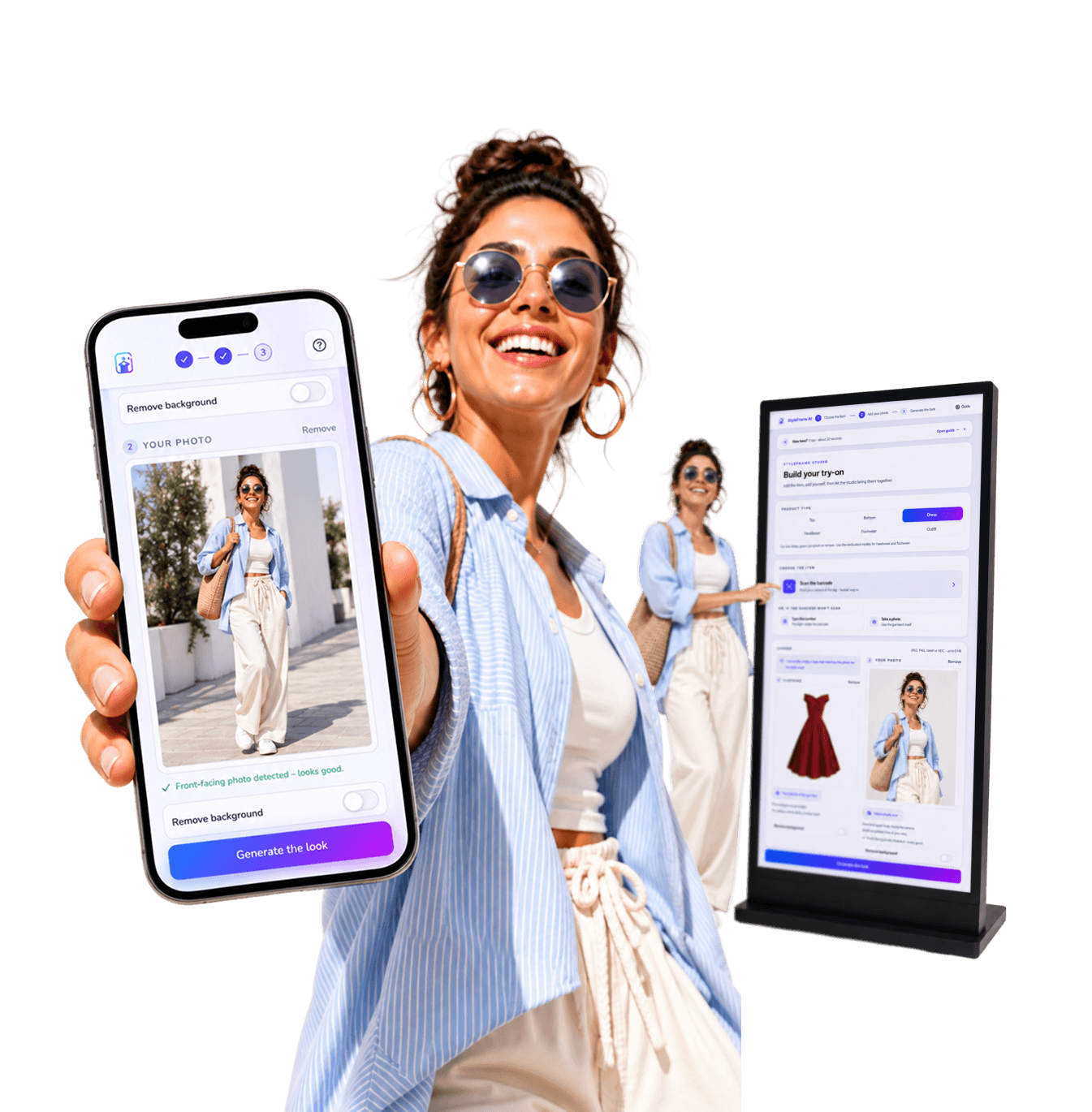 A shopper holding the StyleFrame virtual try-on on a phone, beside a concept in-store kiosk showing the same experience