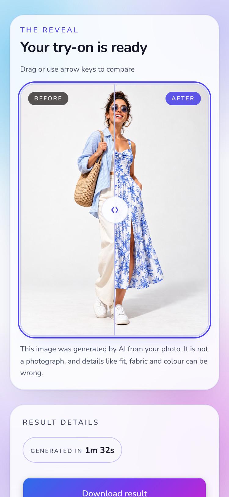 StyleFrame result on a phone comparing the shopper in her blue overshirt and cream trousers with the same shopper wearing the selected blue-and-white floral dress