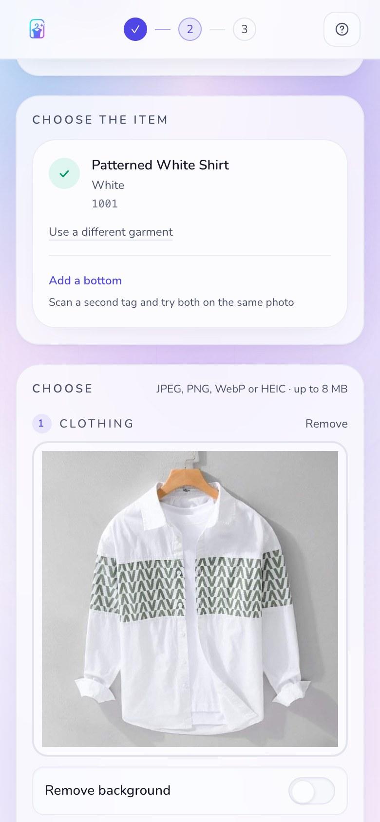 Barcode 1001 resolved in the StyleFrame studio to a patterned white shirt, with the garment photo loaded below