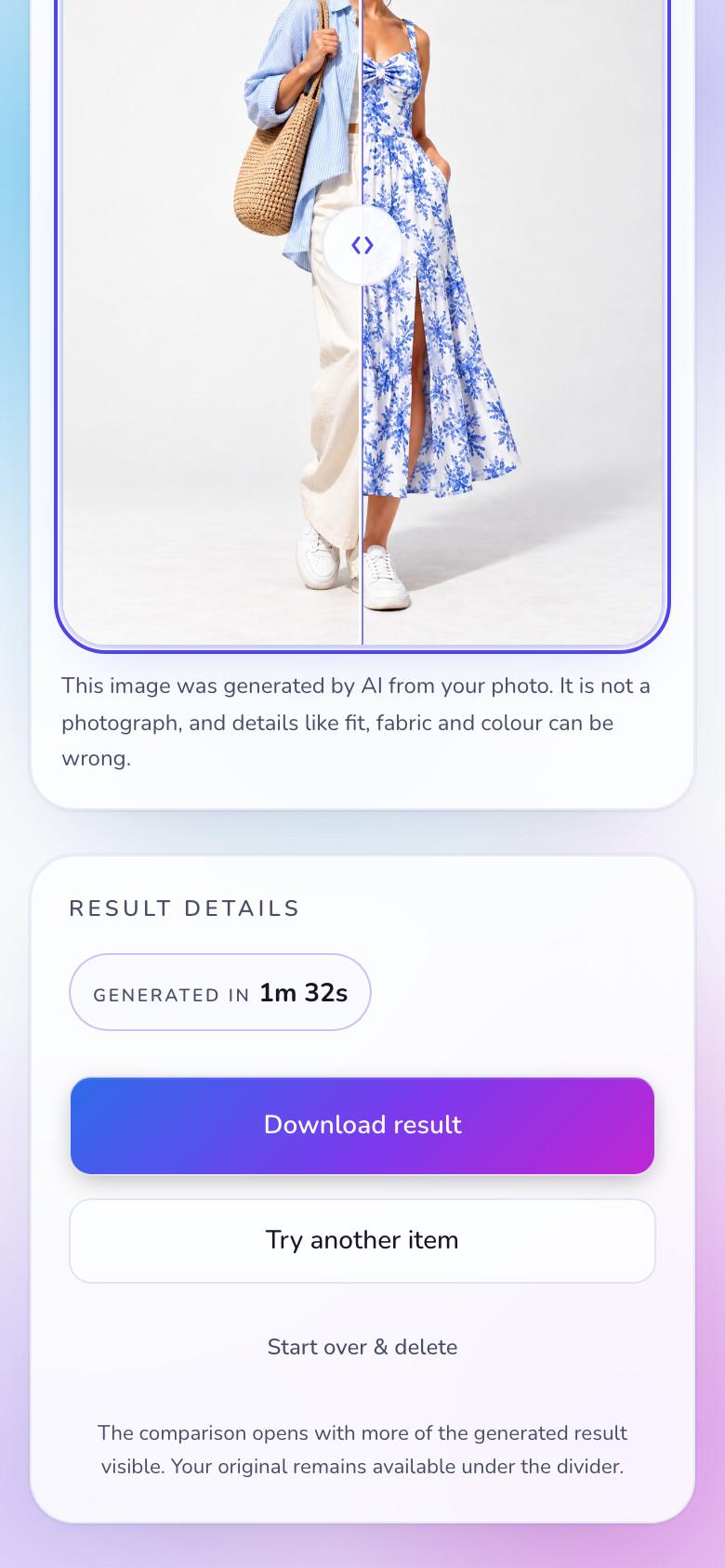 StyleFrame result on a phone comparing the shopper in her blue overshirt and cream trousers with the same shopper wearing the selected blue-and-white floral dress, with options to download, try another item or start over